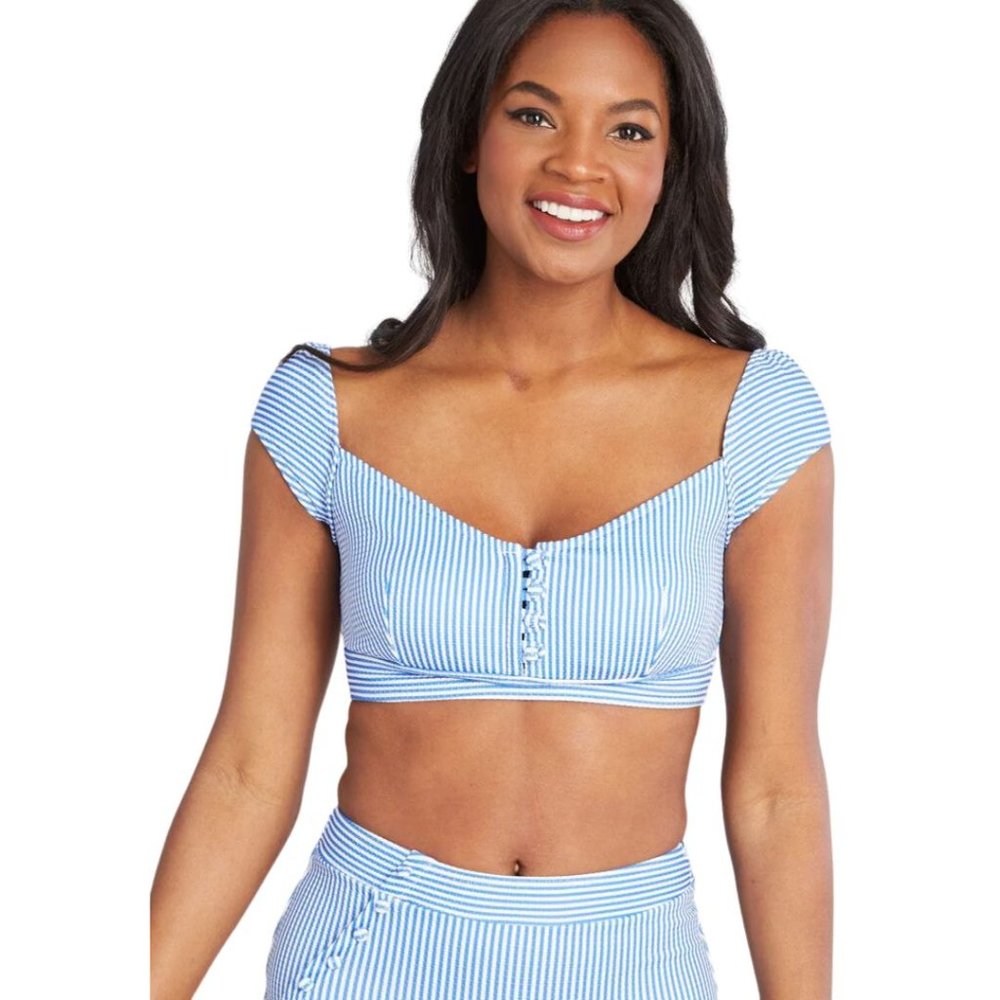 SALE 5/$25 ModCloth The Sissone Bikini Top Cap Sleeve Swimwear Striped Blue Sz L